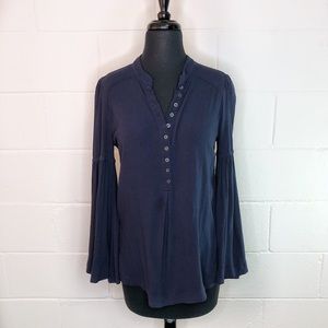 Free People Easy Girl Bell Sleeve Dark Blue Flowy Blouse